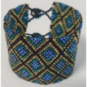 Glass Bead Bracelet Rockery Band Cuff Tribal Pattern Blue/Green/Gold/ Black